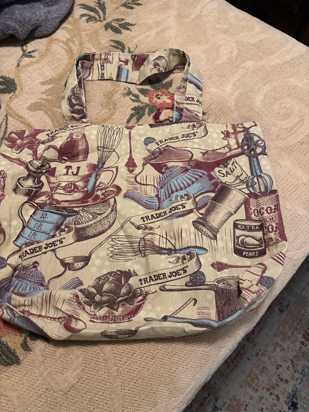 Trader Joe's Beige Tote with Burgundy and Muted Blue Kitchen Print
